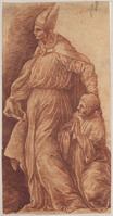 K IX 062
<br/>
Staande heilige bisschop en een geknielde geestelijke
<br/>
<em>Anoniem It, Emilia-Romagna (16de eeuw)</em>